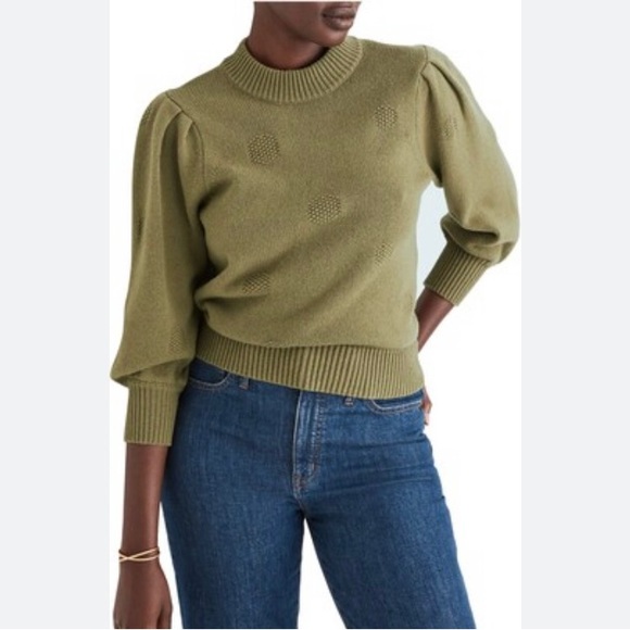 Madewell Sweaters - Madewell Olive Green Merino Wool Blend Puff Sleeve Sweater Size M
